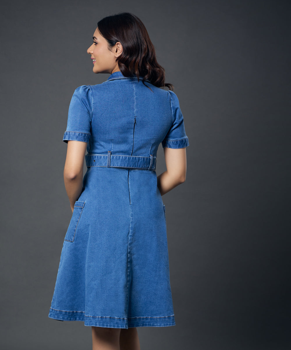 Classic Collared Denim Dress With A Belt