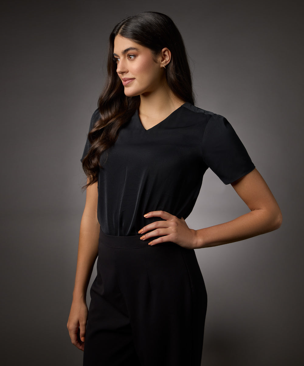 Vneck Short Sleeve Chiffon Top-Black