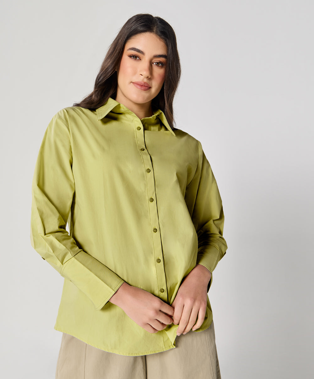 Cotton Oversized Shirt- Moss Green