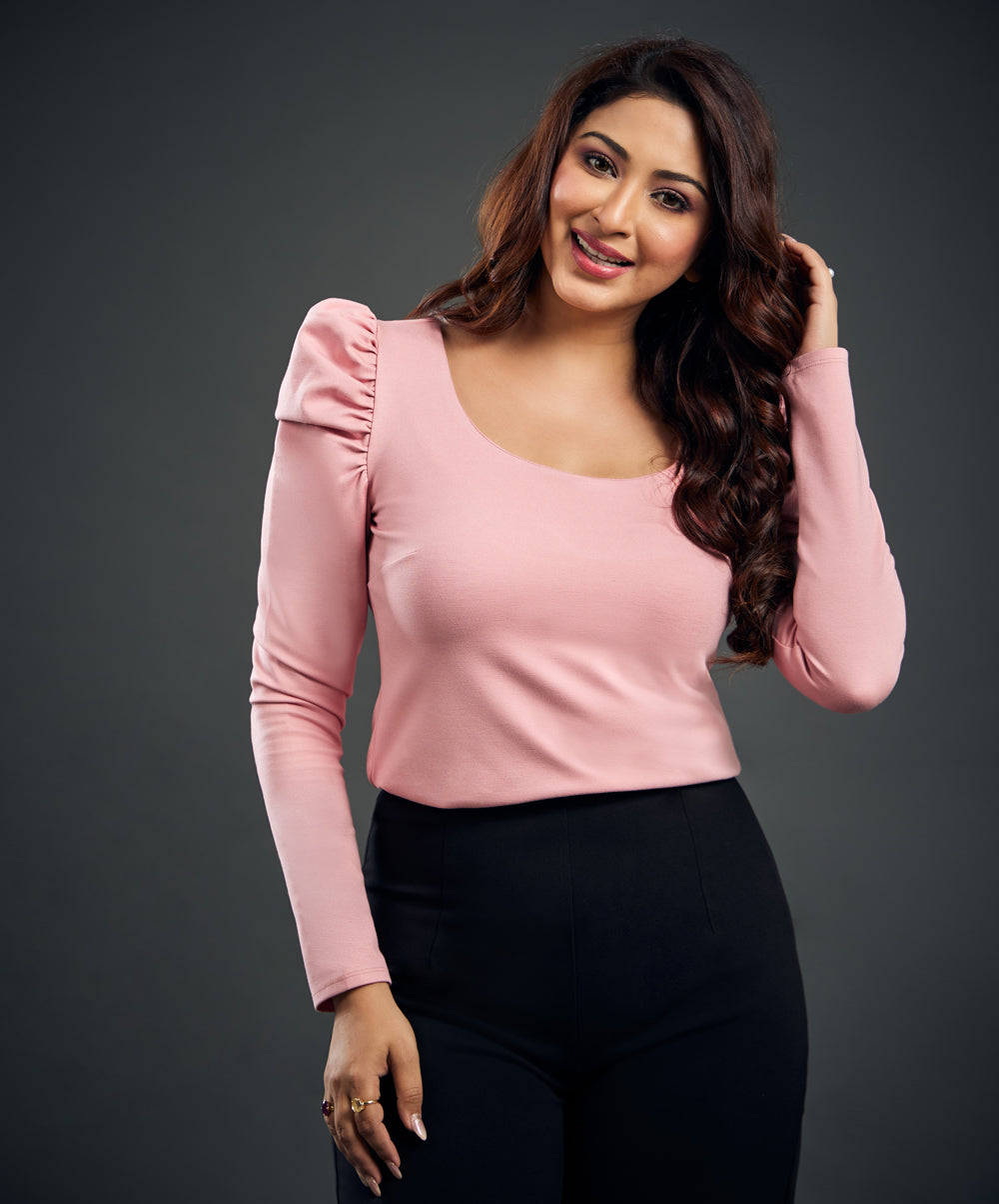 Long Puff Sleeve Pink Ponte Top