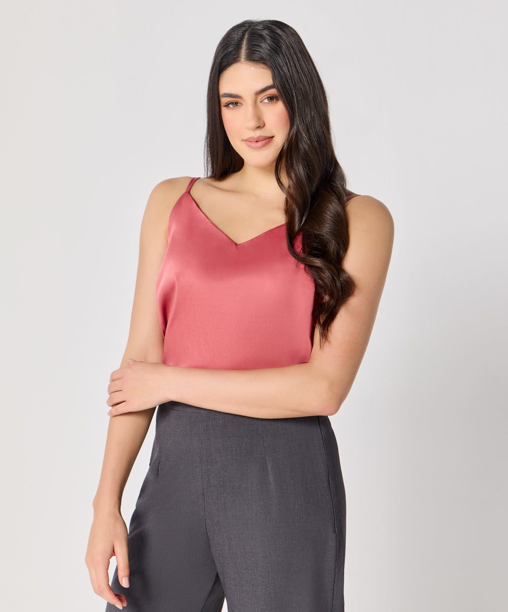 Vneck Satin Cami Top With The Straps-Pink