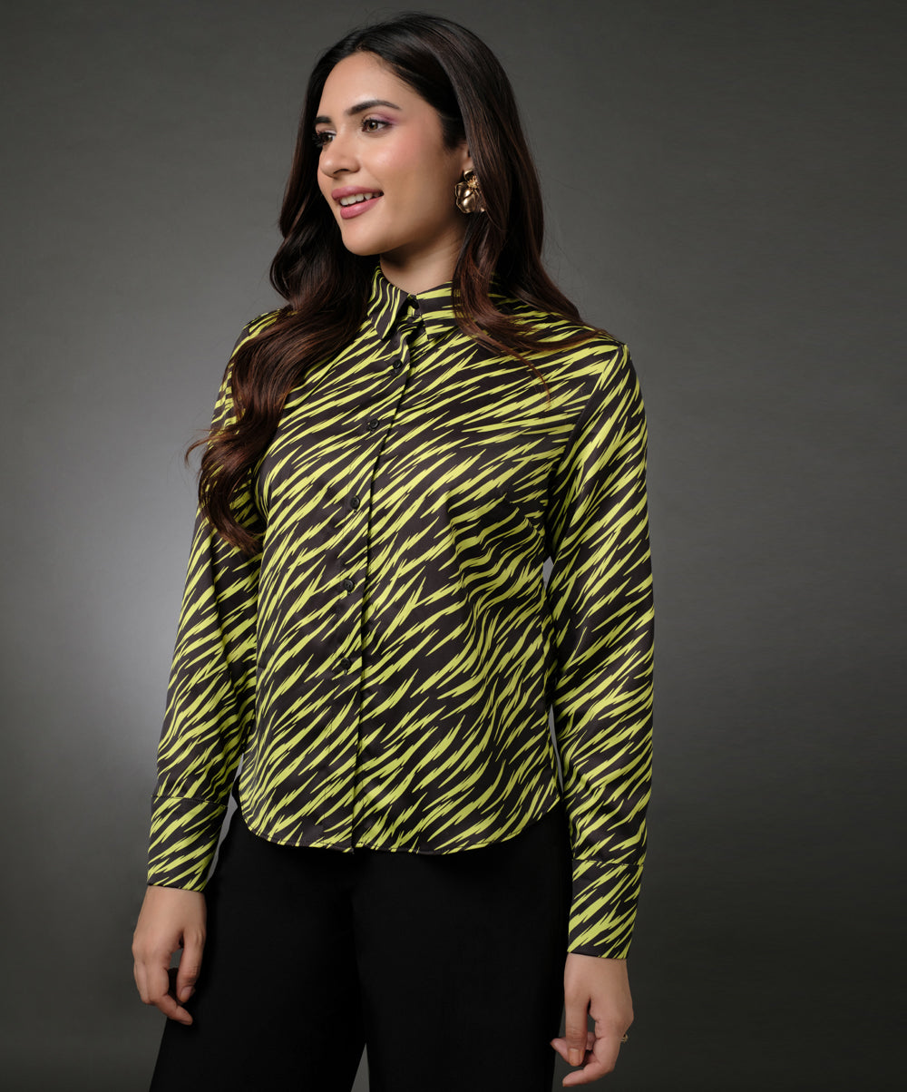 Lapel Long Sleeve Printed Top  With A Cuff