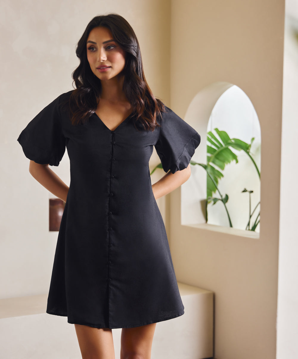 Puffed Sleeve Linen Dress With Front Buttons