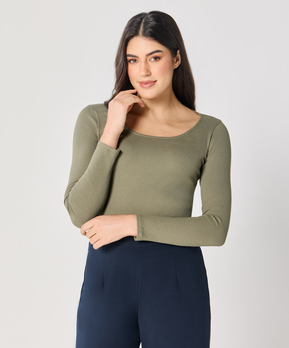 Long Sleeve Khaki Green Rib Top