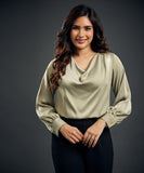 Draped Collar Lantern Sleeve Satin Blouse