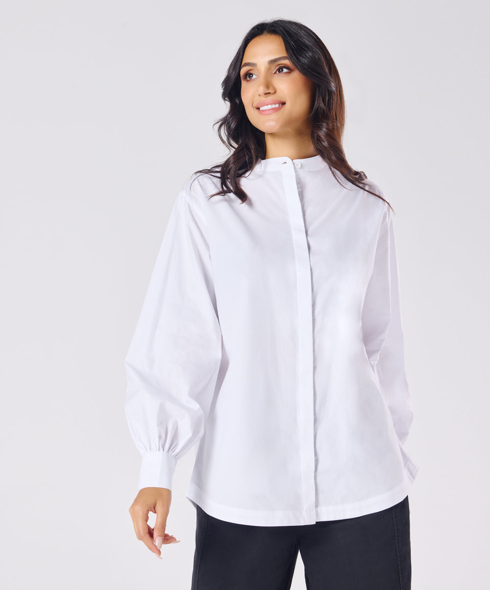 Mandarin  Collar Cotton Oversized Shirt- Pure White