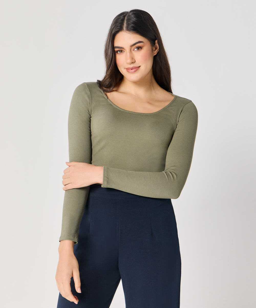 Long Sleeve Khaki Green Rib Top