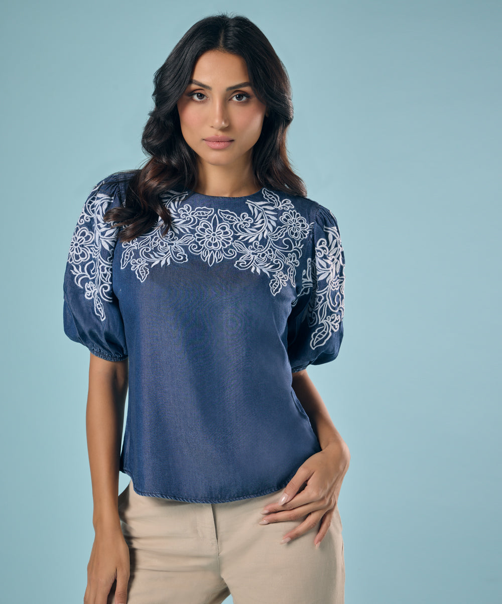 Embroiding Top Design Embroidery And Cut Work Dark Blue Top – ZIGZAG UAE