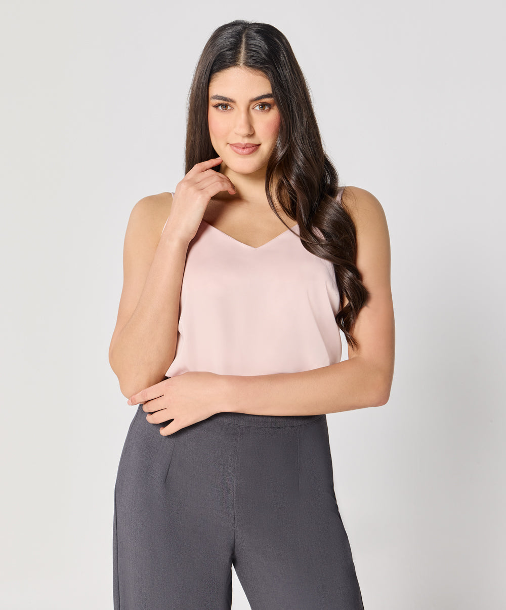 Vneck Satin Cami Top With The Straps-Beige