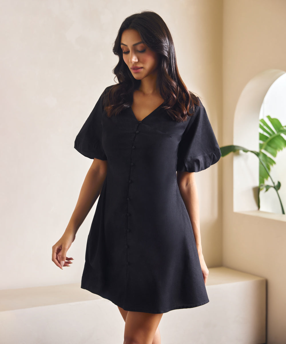 Puffed Sleeve Linen Dress With Front Buttons