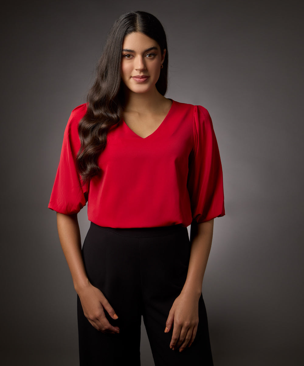 Vneck Balloon Half Sleeve Red Top