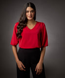 Vneck Balloon Half Sleeve Red Top