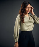 Draped Collar Lantern Sleeve Satin Blouse