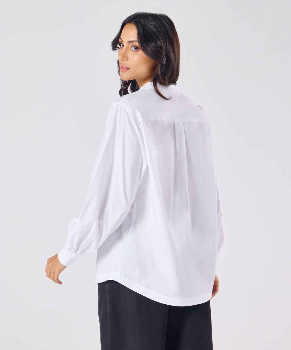 Mandarin  Collar Cotton Oversized Shirt- Pure White