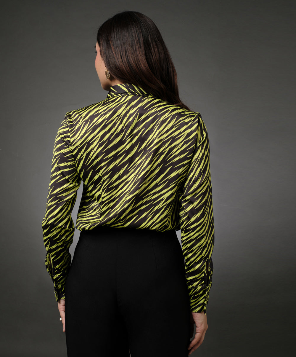 Lapel Long Sleeve Printed Top  With A Cuff