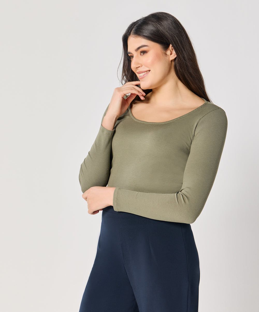 Long Sleeve Khaki Green Rib Top