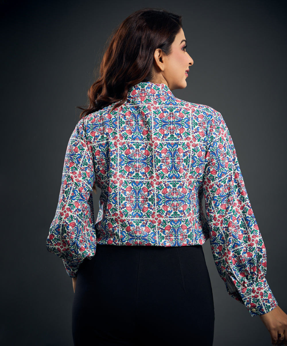 Cuff Detailed Long Sleeve Printed Blue Shirt