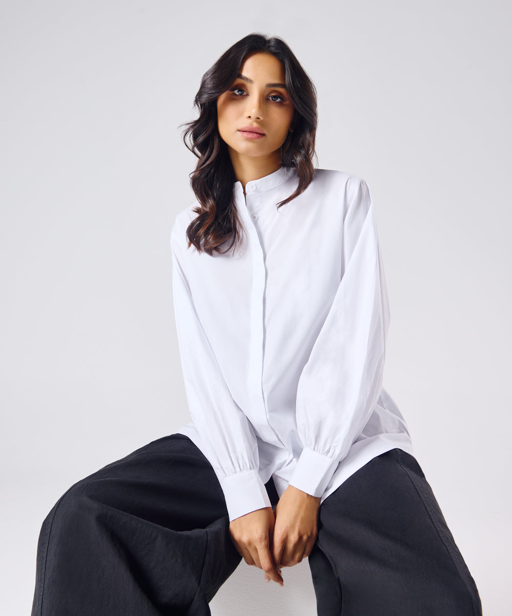 Mandarin  Collar Cotton Oversized Shirt- Pure White