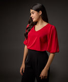 Vneck Balloon Half Sleeve Red Top