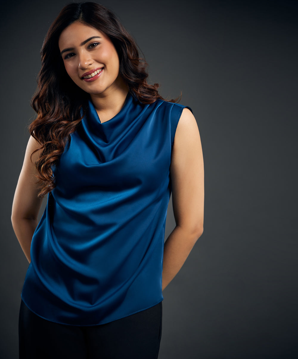 Blue Cowl High Neck Satin Top