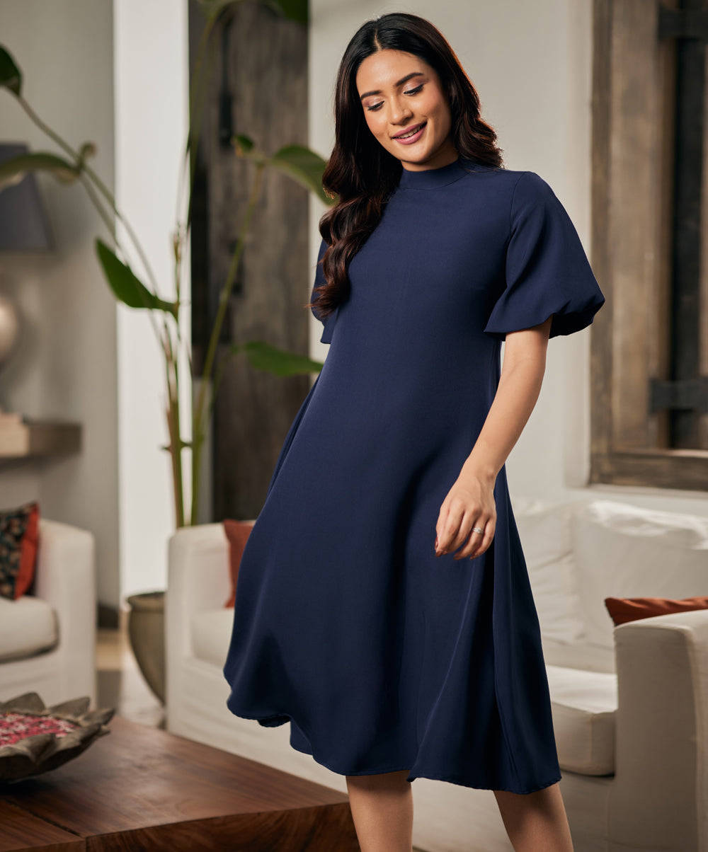 Balloon Sleeve High Neck Blue Dress – ZIGZAG UAE