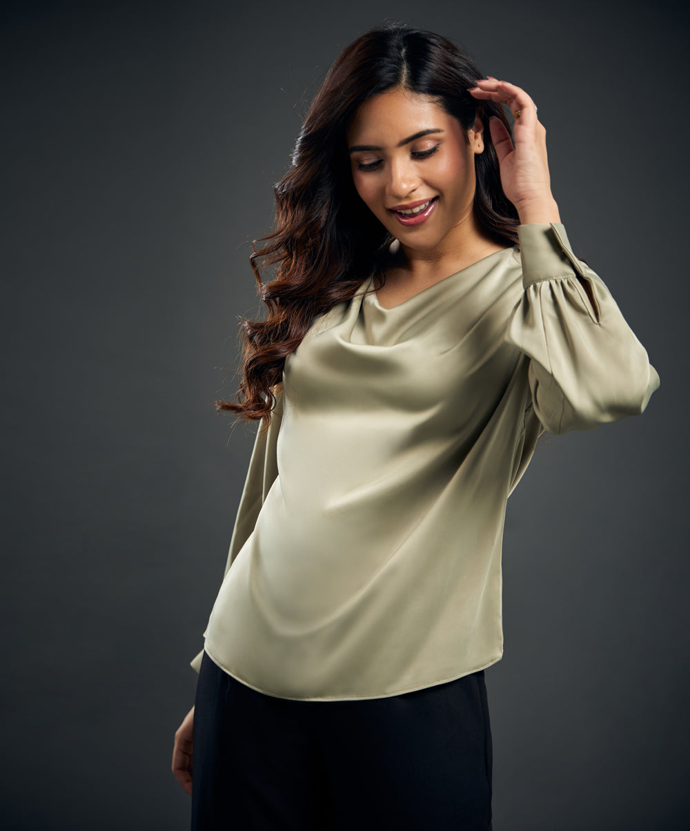 Draped Collar Lantern Sleeve Satin Blouse