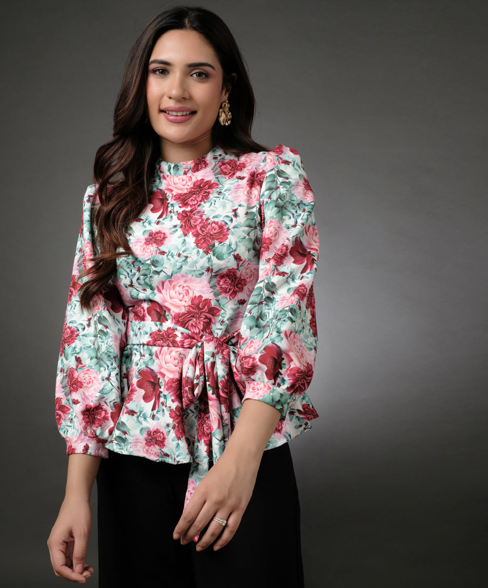 Puffed Sleeve Floral Peplum Top