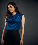 Blue Cowl High Neck Satin Top