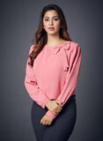 Neck Bow Solid Chiffon Long Sleeve Pink Top