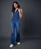 Halter Neck Front Open Denim Jumpsuit