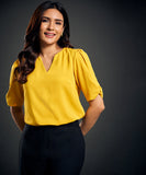 Notched Neck Yellow Blouse