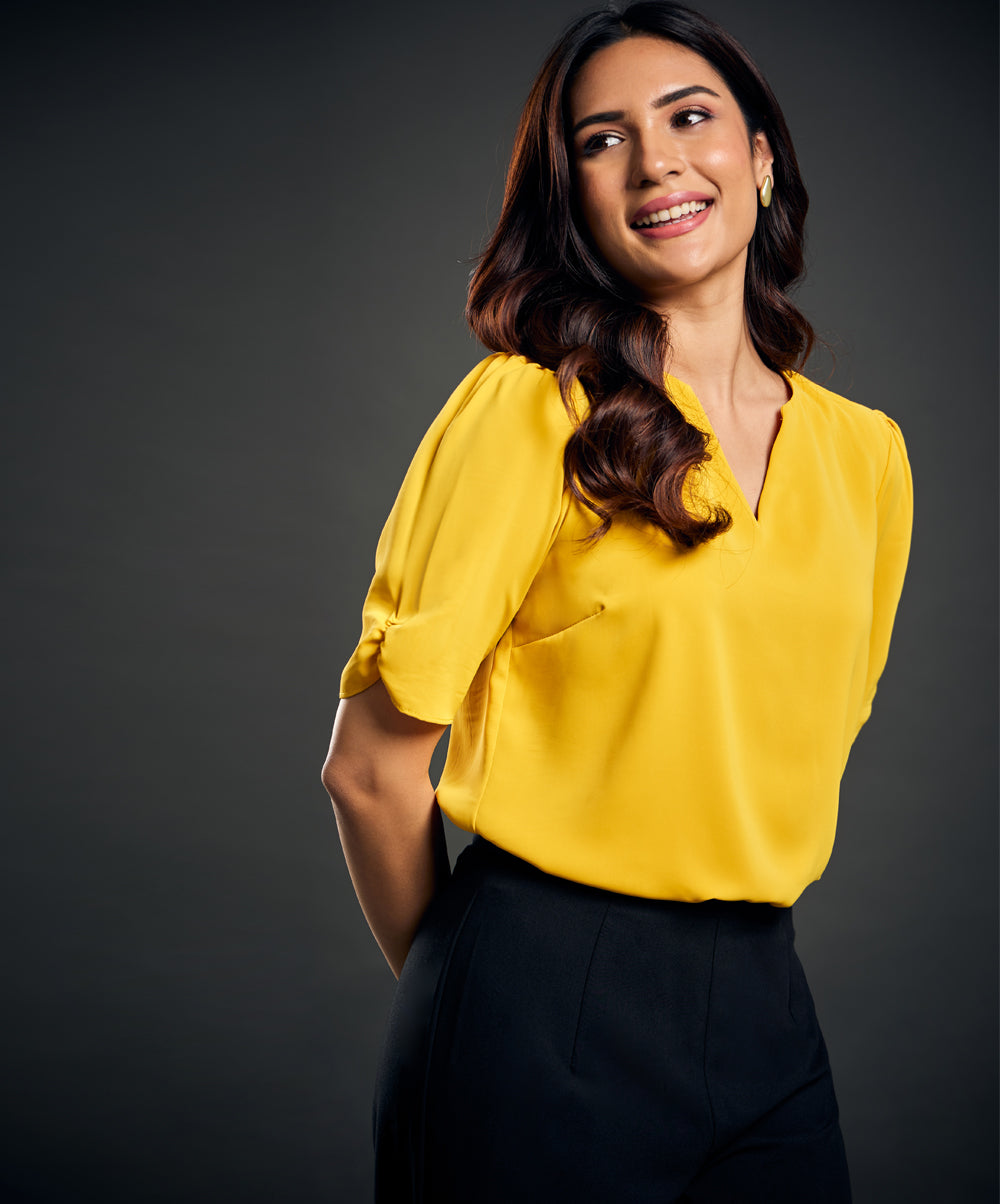 Notched Neck Yellow Blouse