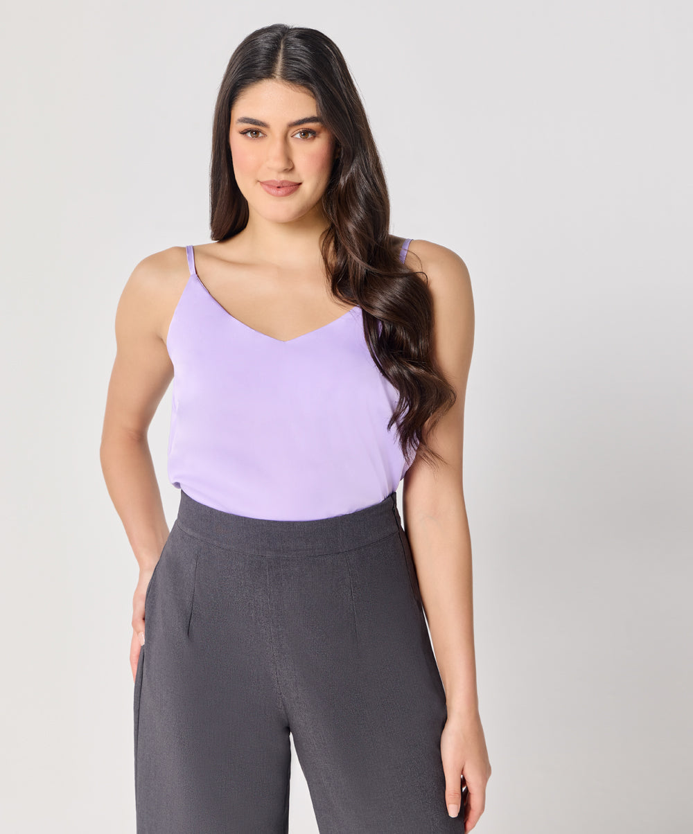 Vneck Satin Cami Top With The Straps-Lavender