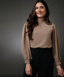 Long Sleeve Neck Pleated Brown Top