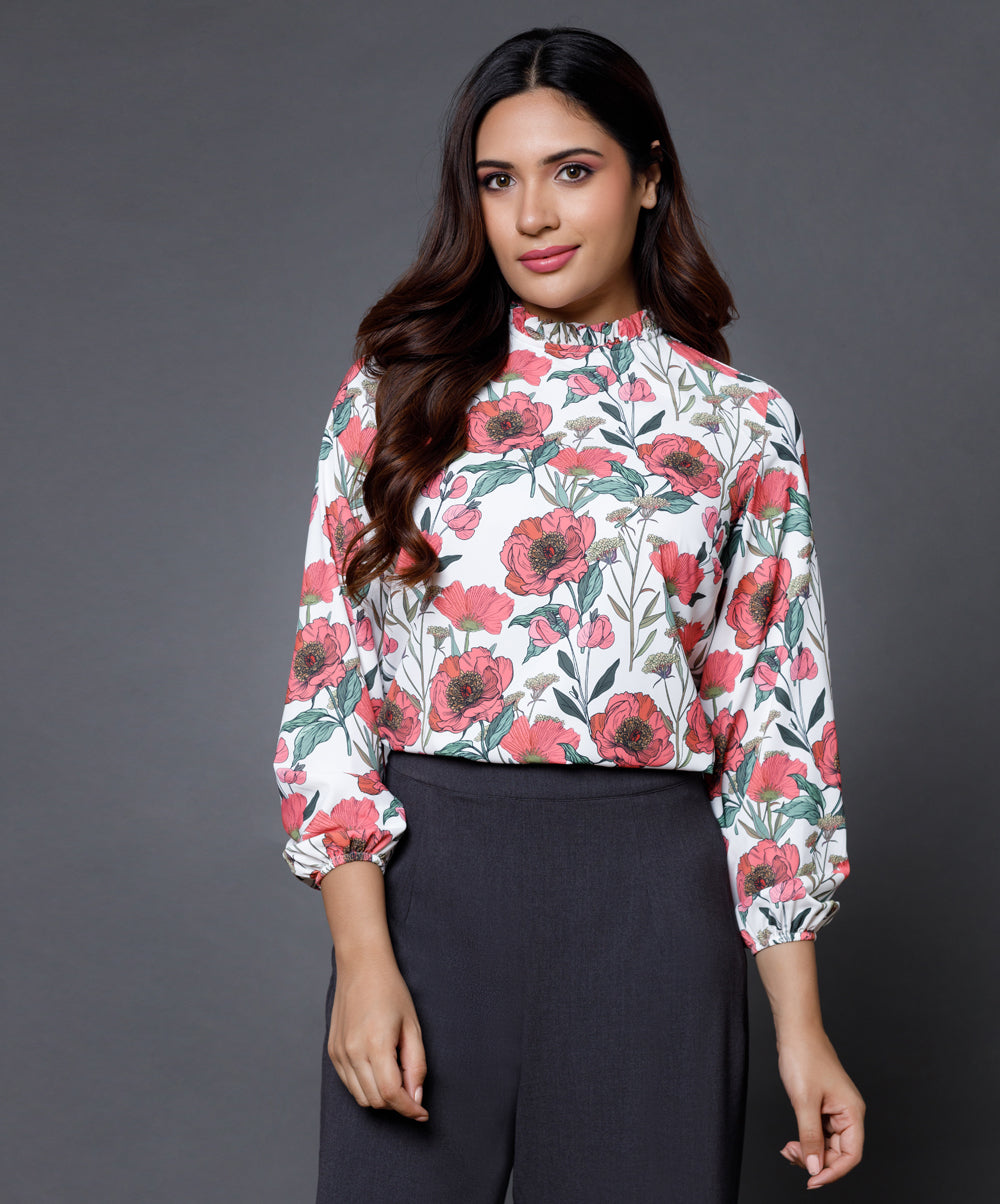 Long Sleeve Satin Printed Formal Top