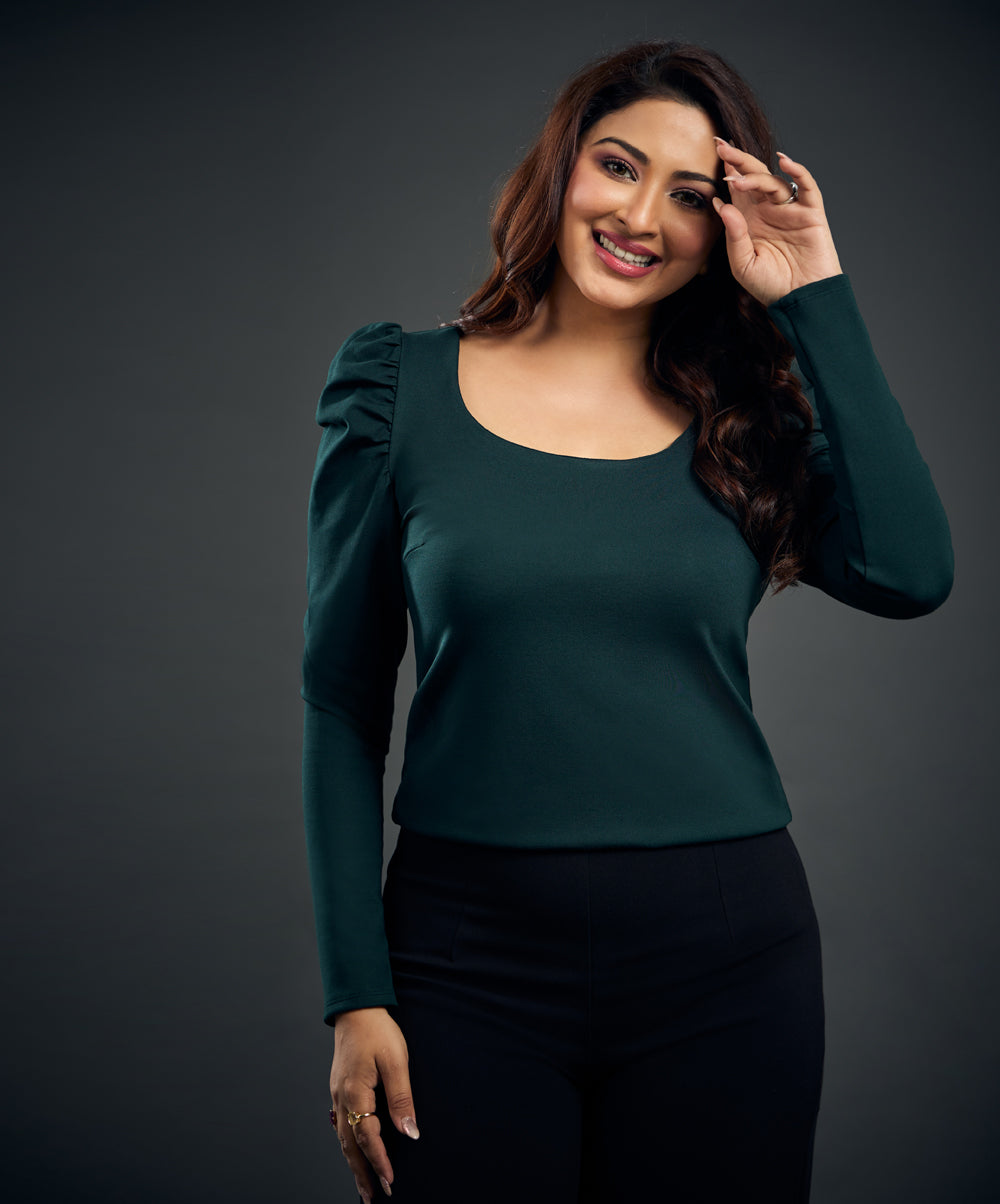 Long Puff Sleeve Green Ponte Top