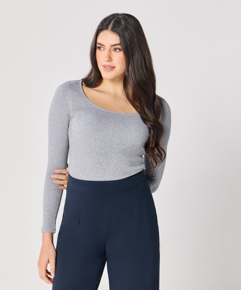 Long Sleeve Light Grey Rib Top