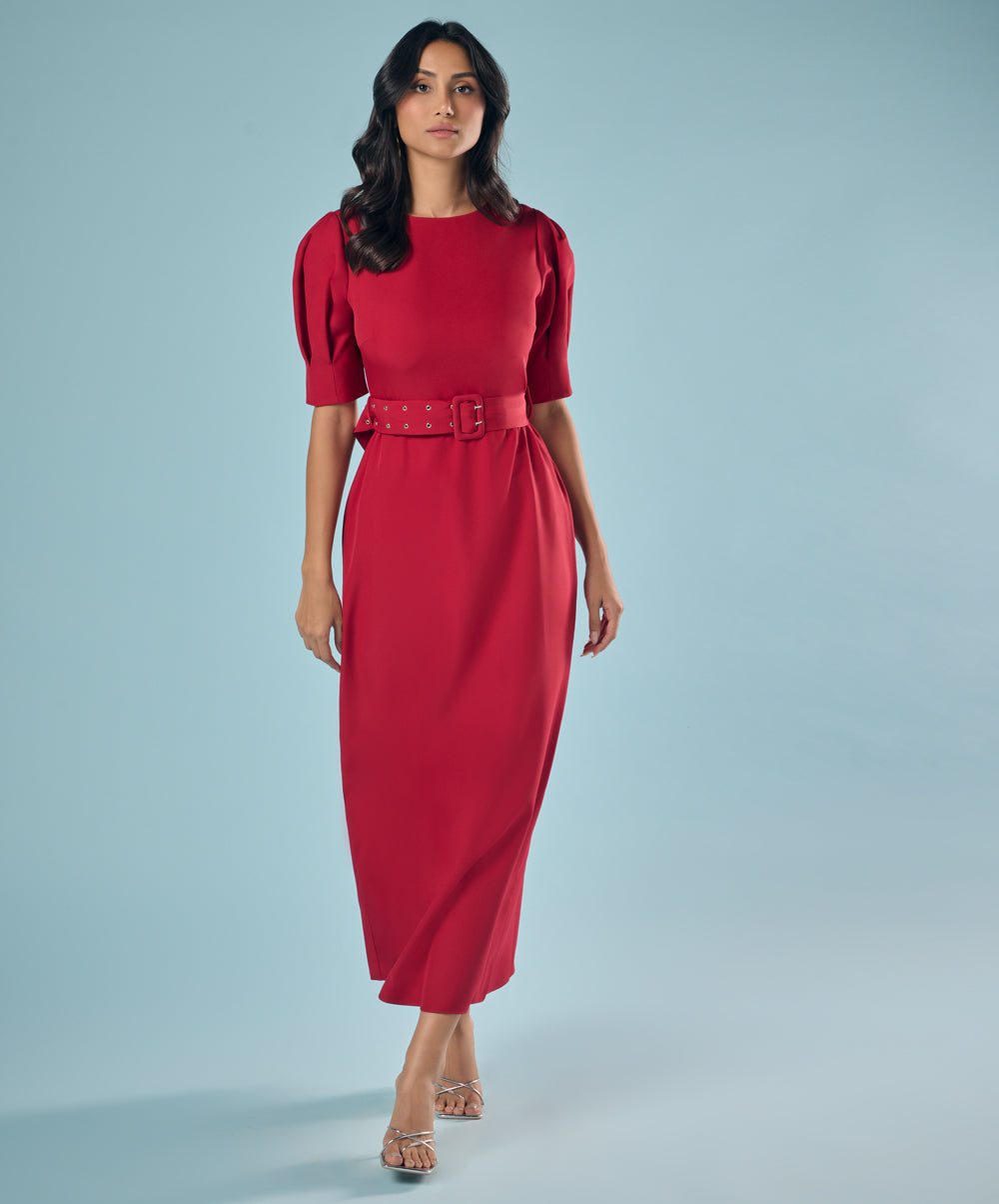 Puffed Sleeve Round Neck  Midi Dress