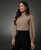 Long Sleeve Neck Pleated Brown Top