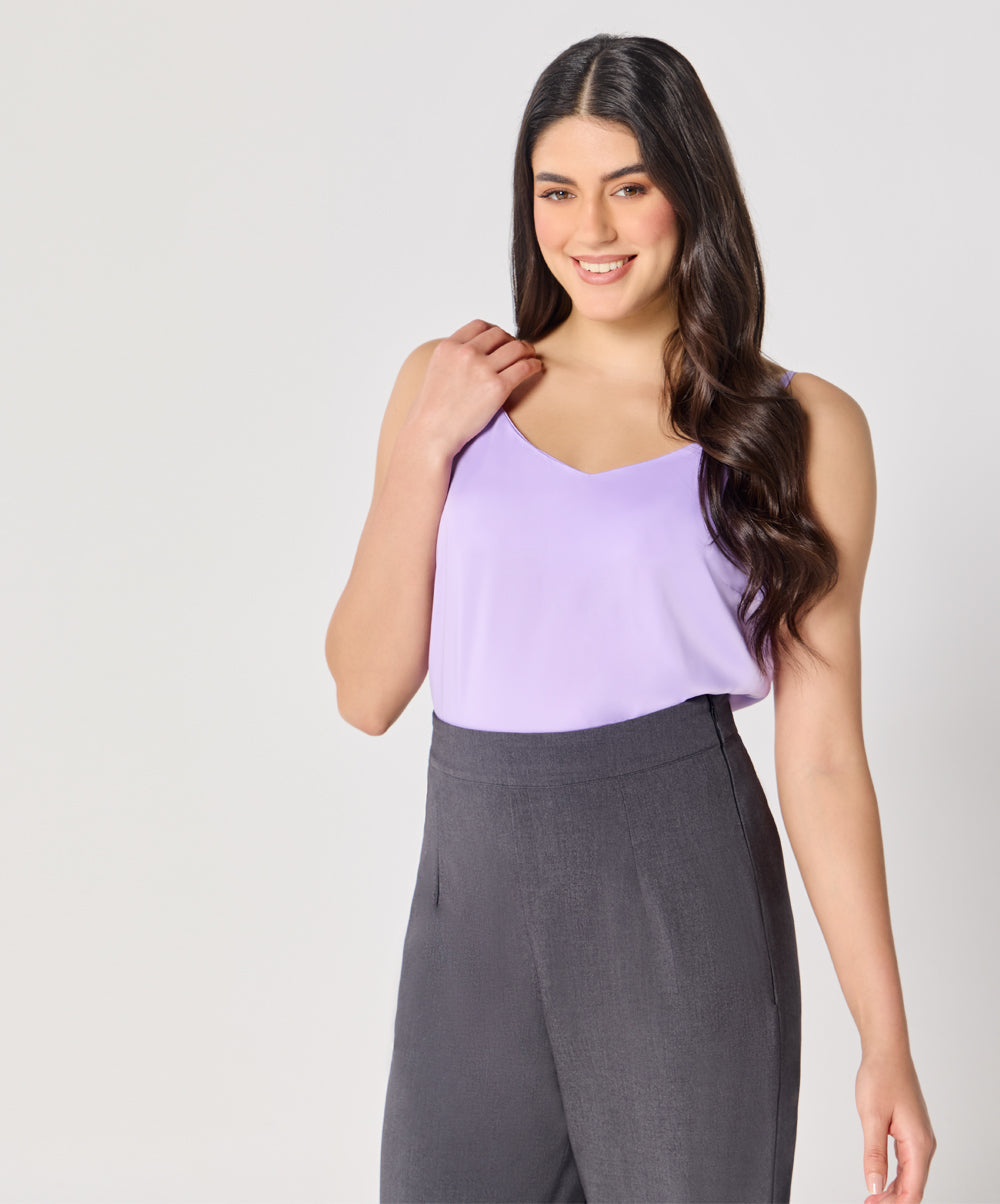 Vneck Satin Cami Top With The Straps-Lavender