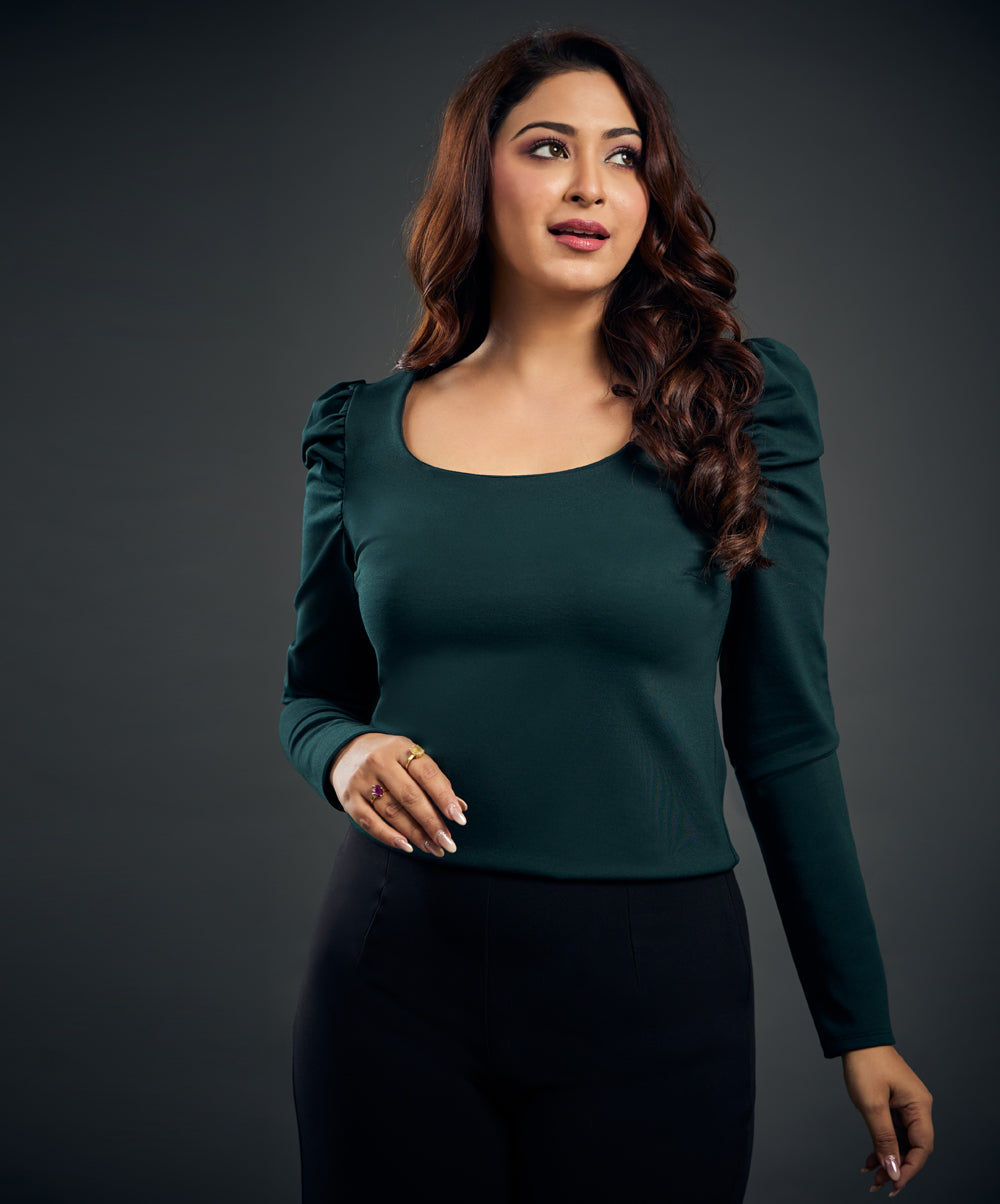 Long Puff Sleeve Green Ponte Top