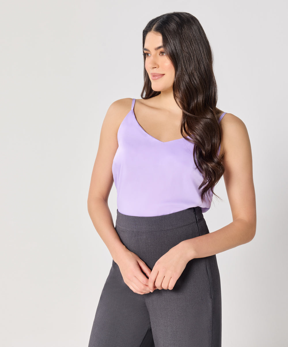 Vneck Satin Cami Top With The Straps-Lavender