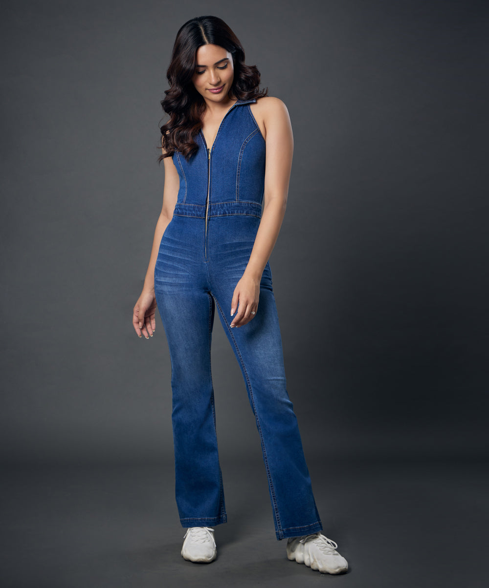 Halter Neck Front Open Denim Jumpsuit