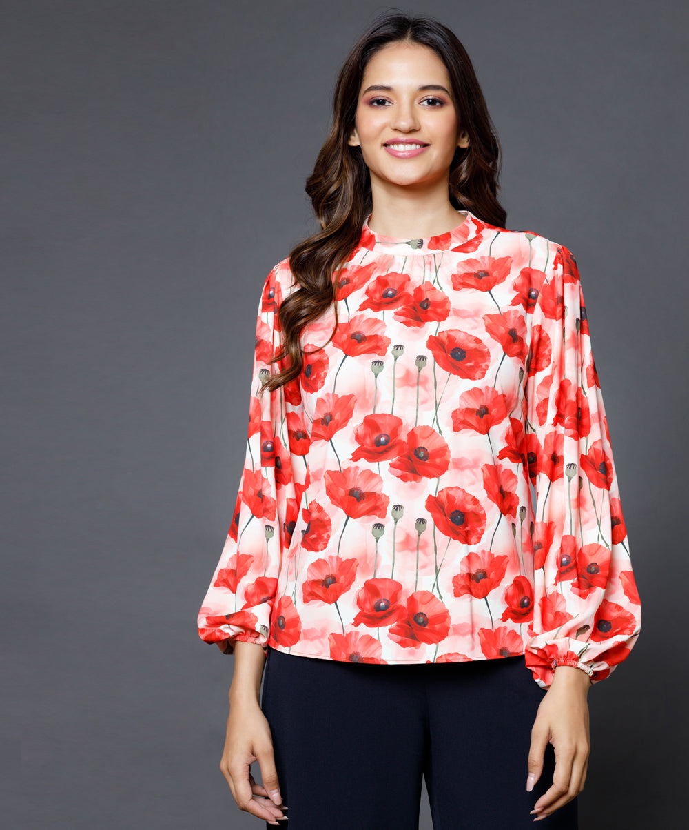 Long sleeve Red Printed Top