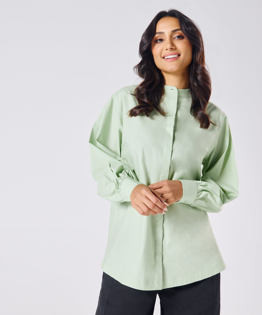 Mandarin  Collar Cotton Oversized Shirt- Baby Green