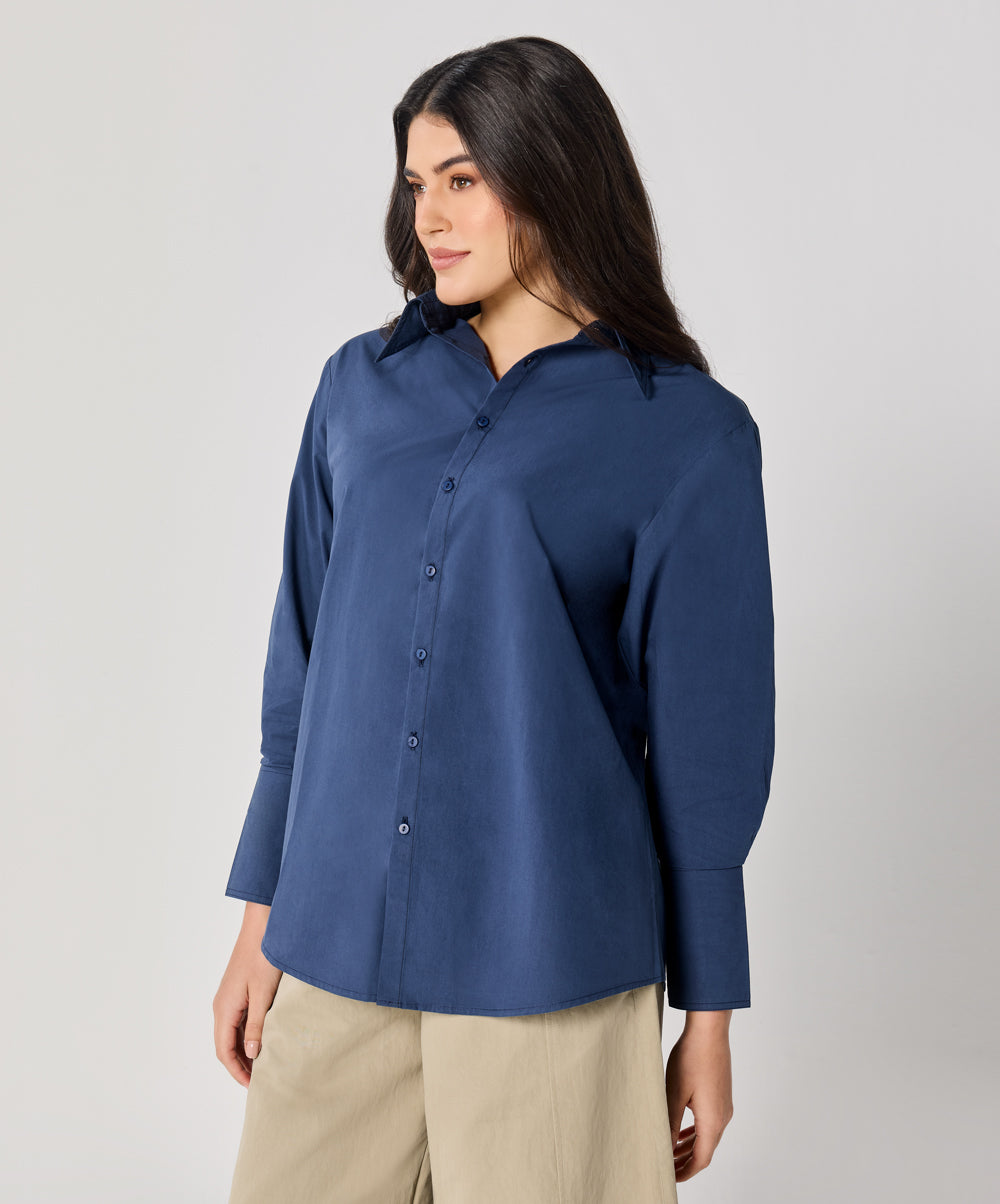 Cotton Oversized Shirt- Navy Blue