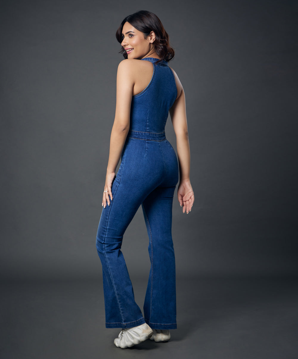 Halter Neck Front Open Denim Jumpsuit