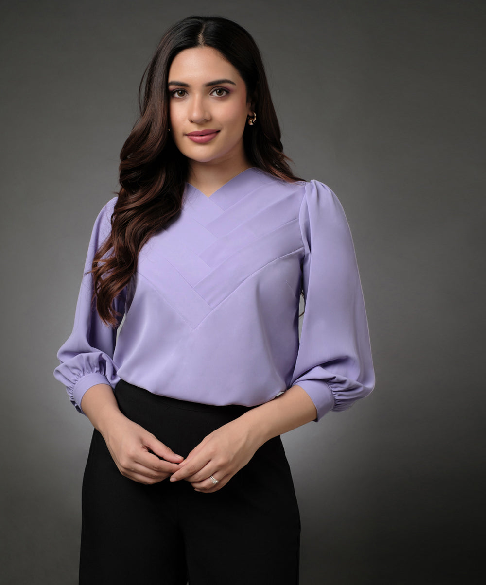 Front Slanted Pleated Lavender Half Sleeve Top