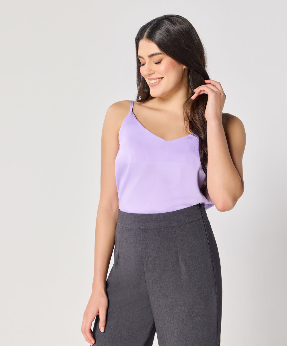 Vneck Satin Cami Top With The Straps-Lavender