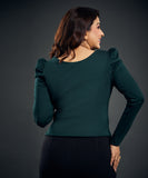 Long Puff Sleeve Green Ponte Top